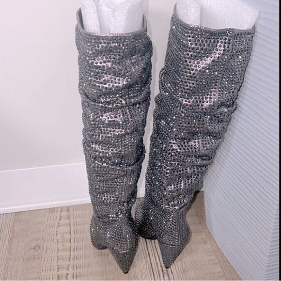 - NEW I.N.C Gerii grey Metallic Slouch Studded Boots Women shoes Pewter |5… - Picture 5 of 9